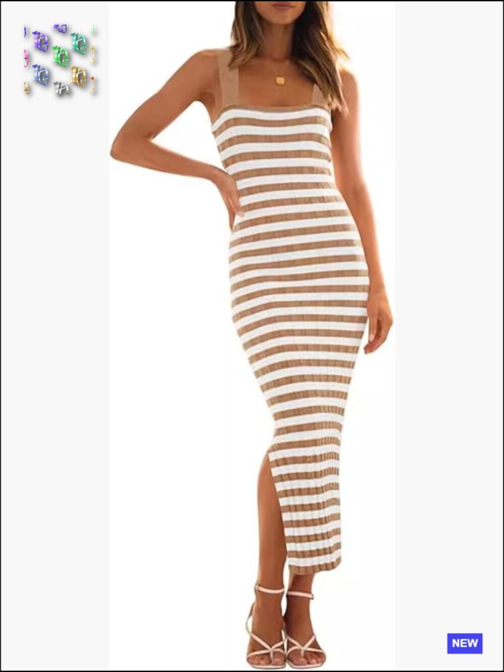Sleeveless Striped Knit Bodycon Midi Dress Square Neck Side Slit - Picture 1 of 6
